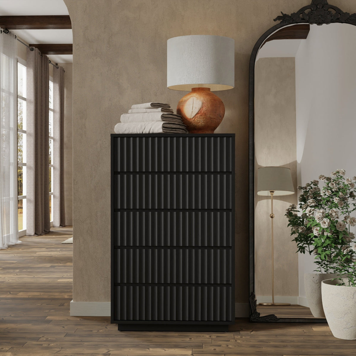 Mahogany Wood Five-Drawer Chest, Black Finish