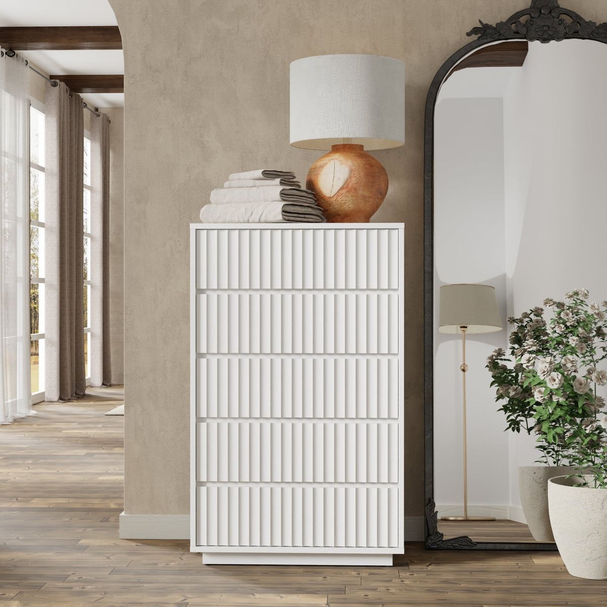 White Mahogany Chest with Scalloped Drawer Front