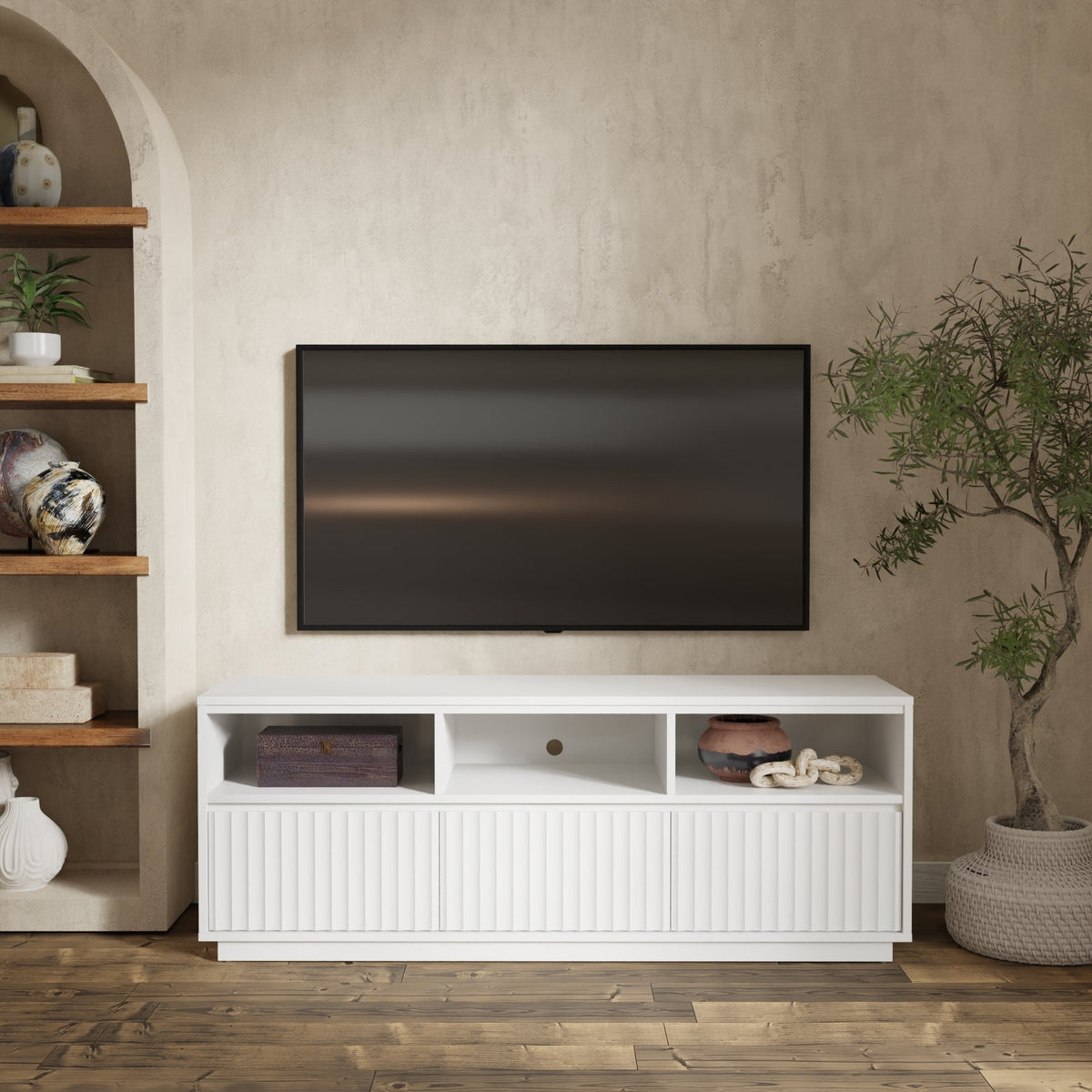 White Mahogany Wood Blanca TV Console with Scalloped Drawers