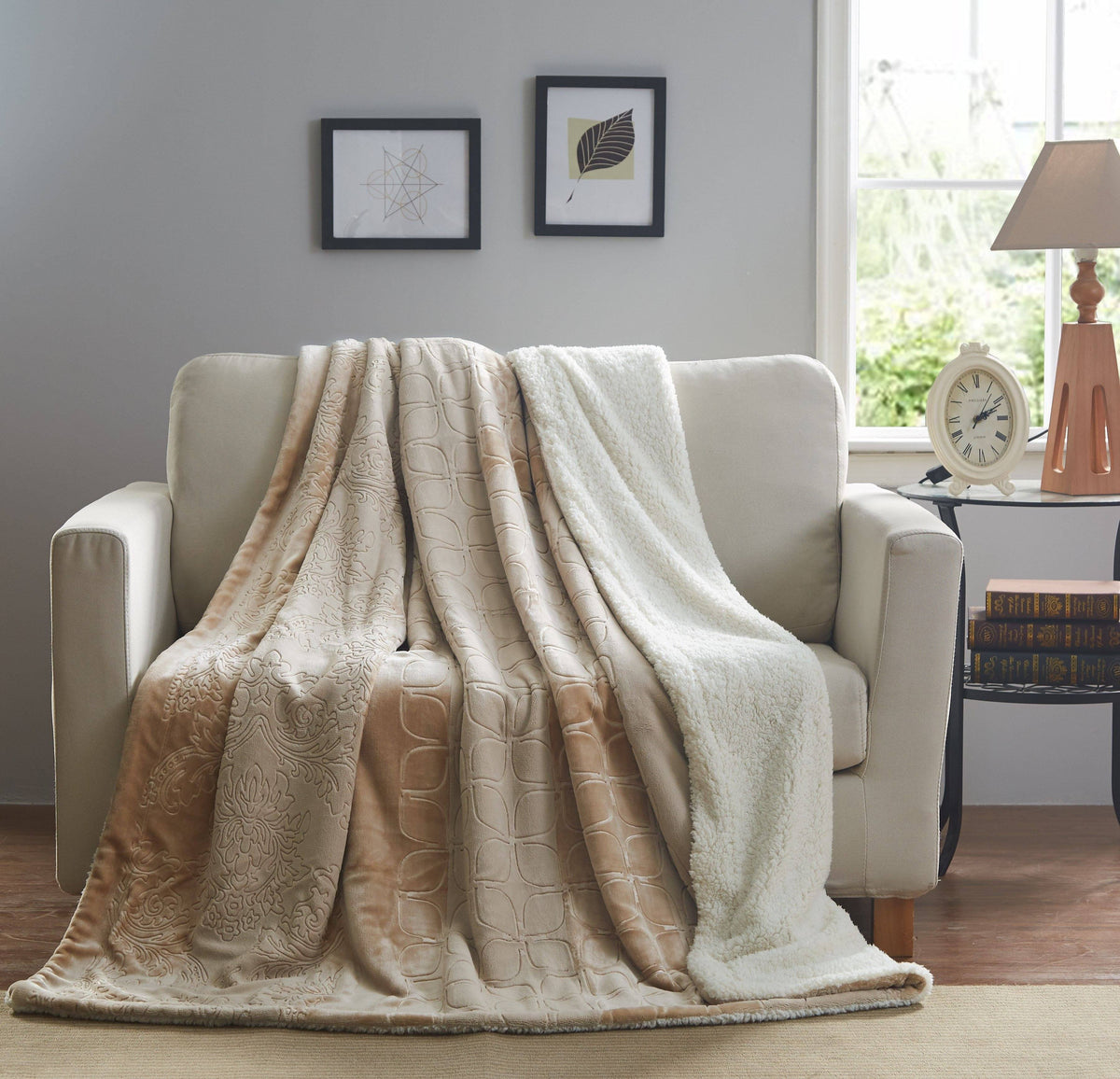 Champagne Beige Embossed Microfleece and Sherpa Throw Blanket – view 9