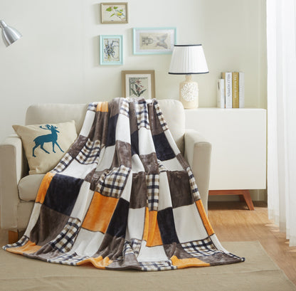 Orange Micro Fleece Patchwork Plaid Throw Blanket