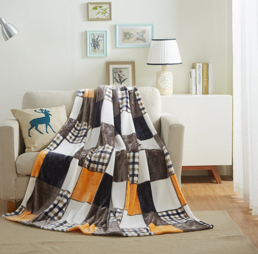 Orange Micro Fleece Patchwork Plaid Throw Blanket
