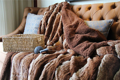 Golden Brown Striped Faux Fur and Sherpa Throw Blanket – view 3