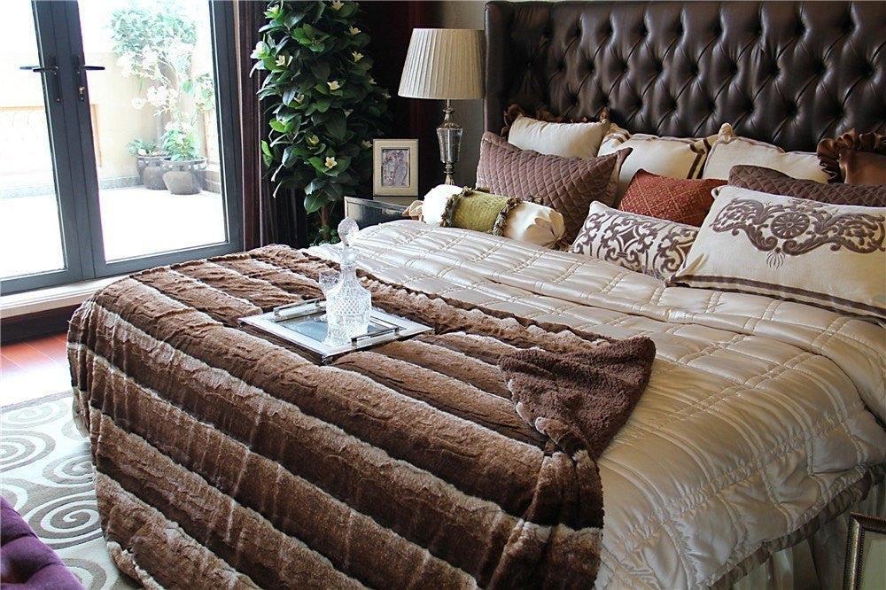 Golden Brown Striped Faux Fur and Sherpa Throw Blanket – view 4