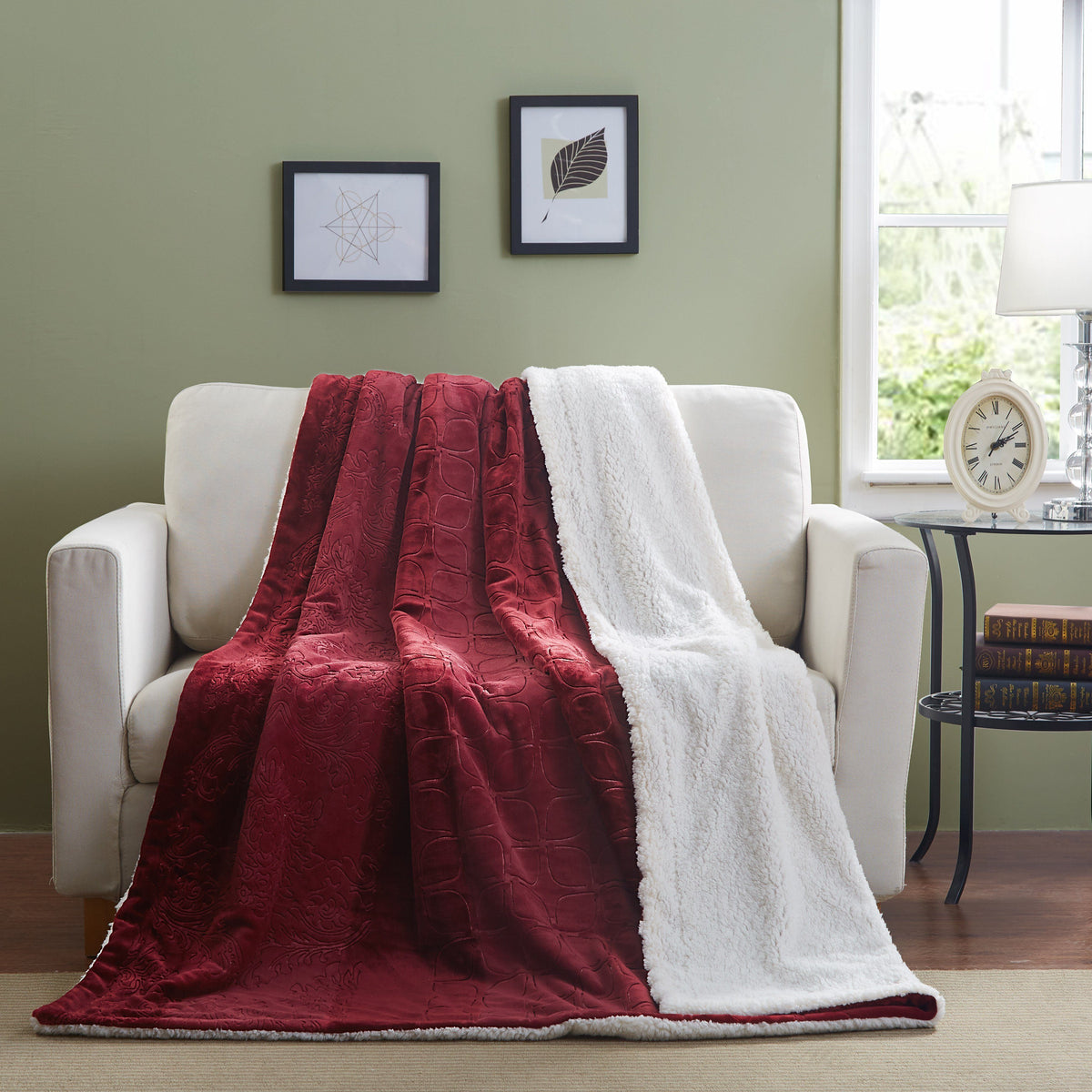 Merlot Red Embossed Reversible Microfleece and Sherpa Throw Blanket – view 11
