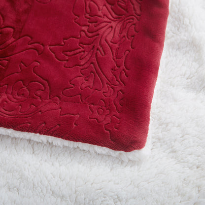 Merlot Red Embossed Reversible Microfleece and Sherpa Throw Blanket – view 4