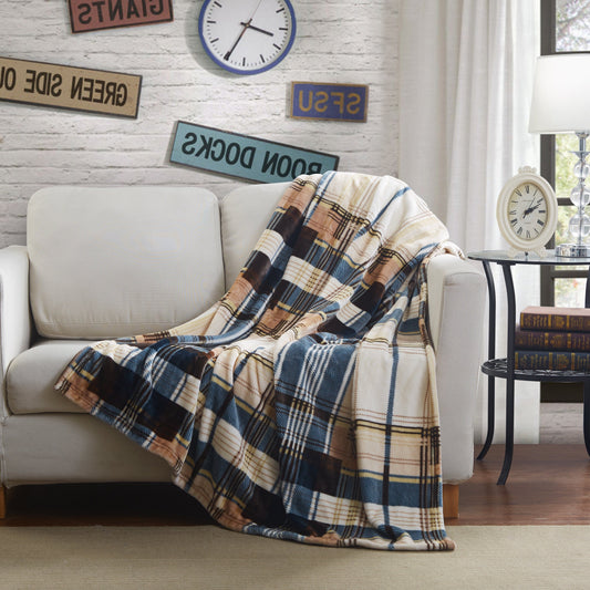 Polyester Flannel Plaid Throw Blanket, Blue and Brown Tartan