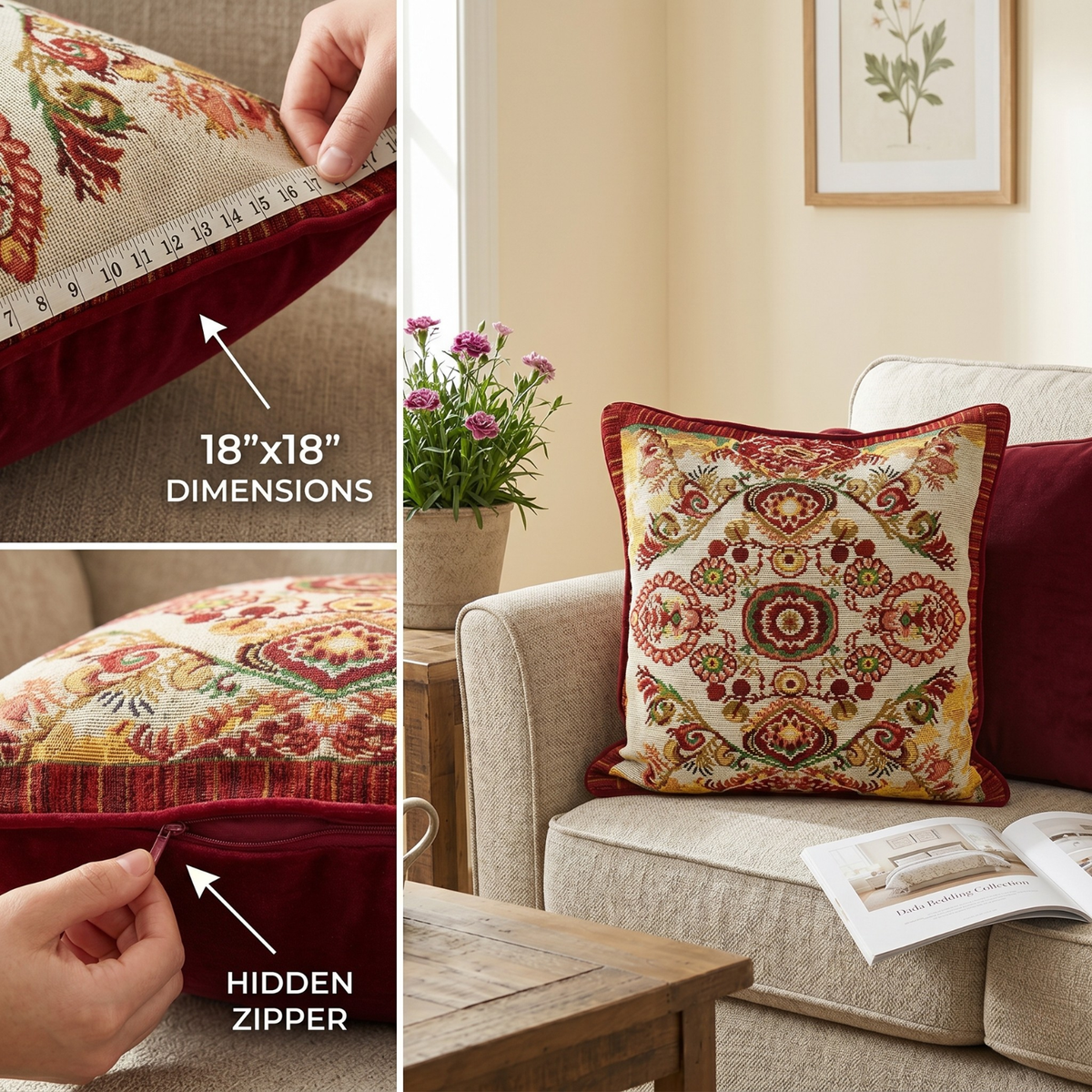 Elegant Burgundy Ornate Paisley Woven Tapestry Throw Pillow Cover – view 3