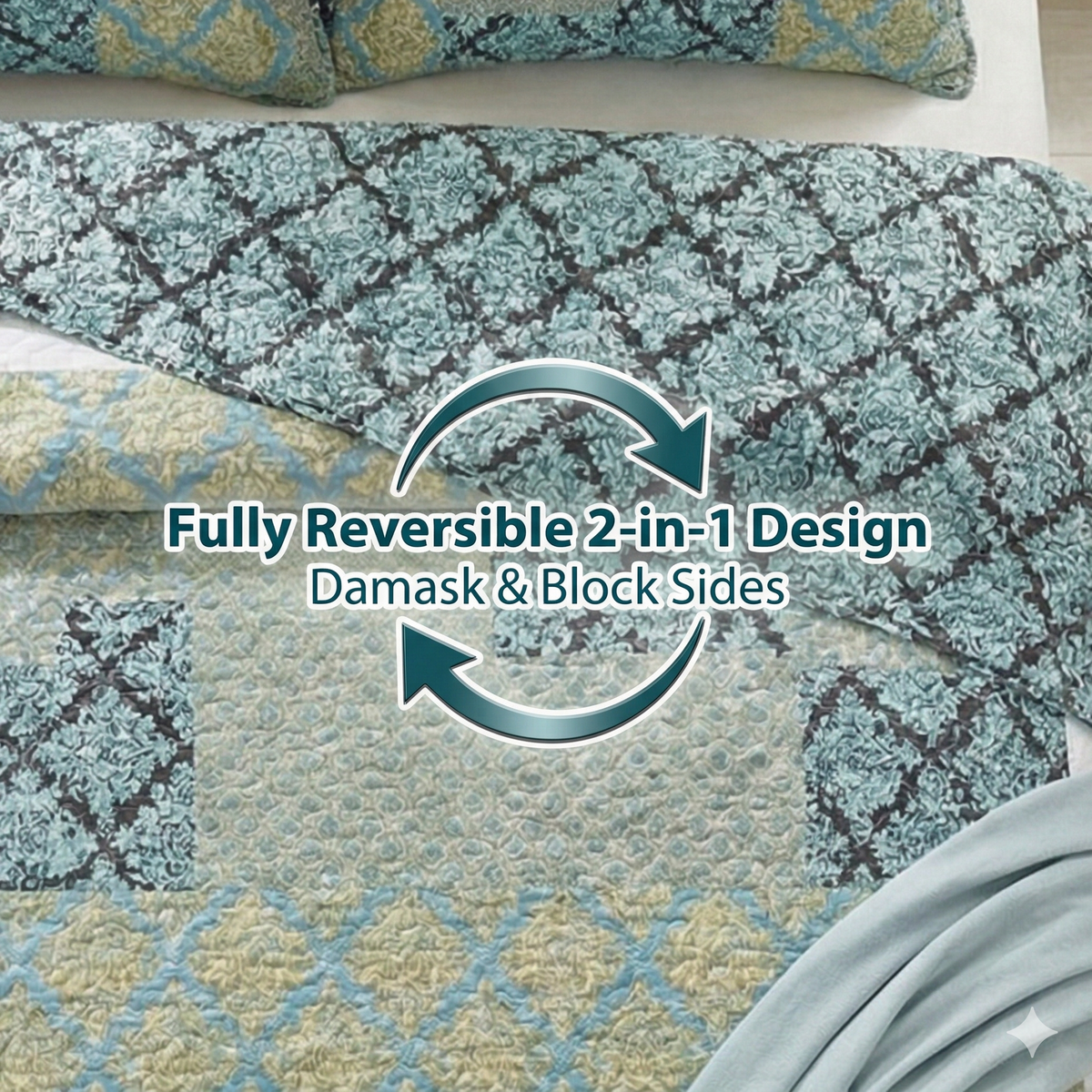 Turquoise Damask Baroque Scalloped Reversible Quilt Set – view 9