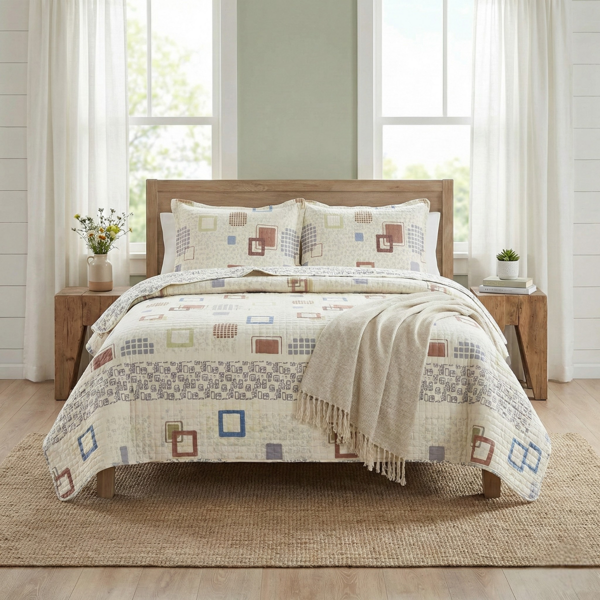Geometric Cubic Squares Ivory Scalloped Retro Cotton Quilt Bedspread Set – view 4