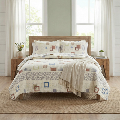 Geometric Cubic Squares Ivory Scalloped Retro Cotton Quilt Bedspread Set – view 4