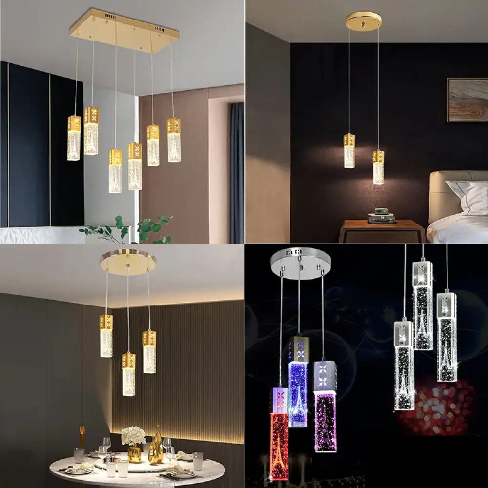 Gold bubble crystal LED pendant light with sparkling glass spheres hanging over a dining table