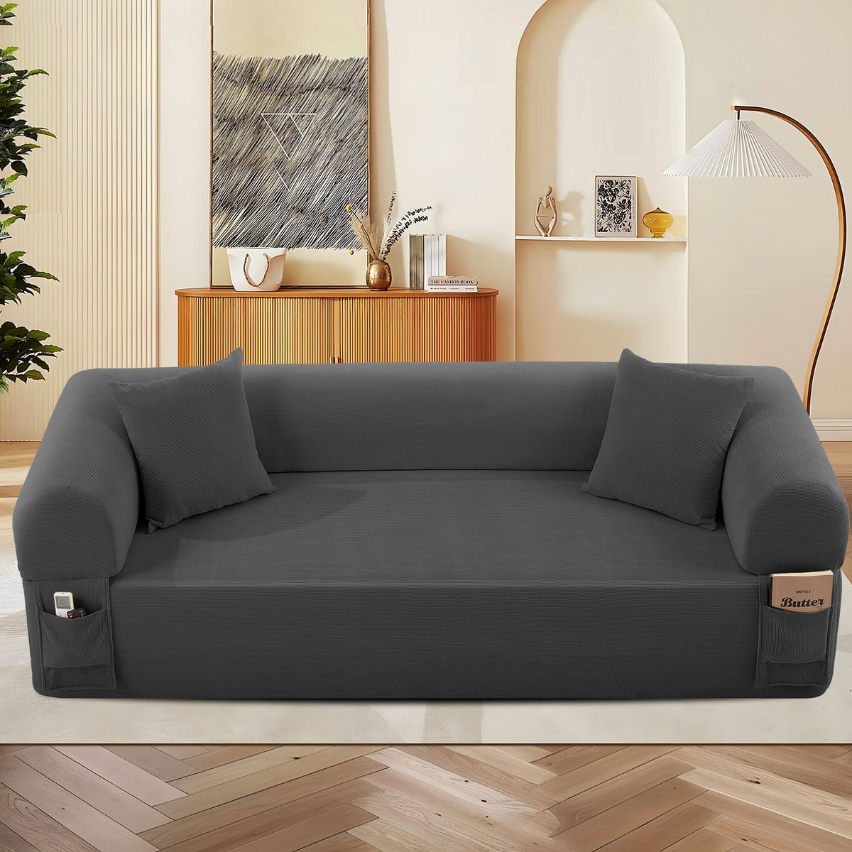 82.5 Inch Gray Fabric Spring Sofa with Storage Pockets and Pillows – view 8