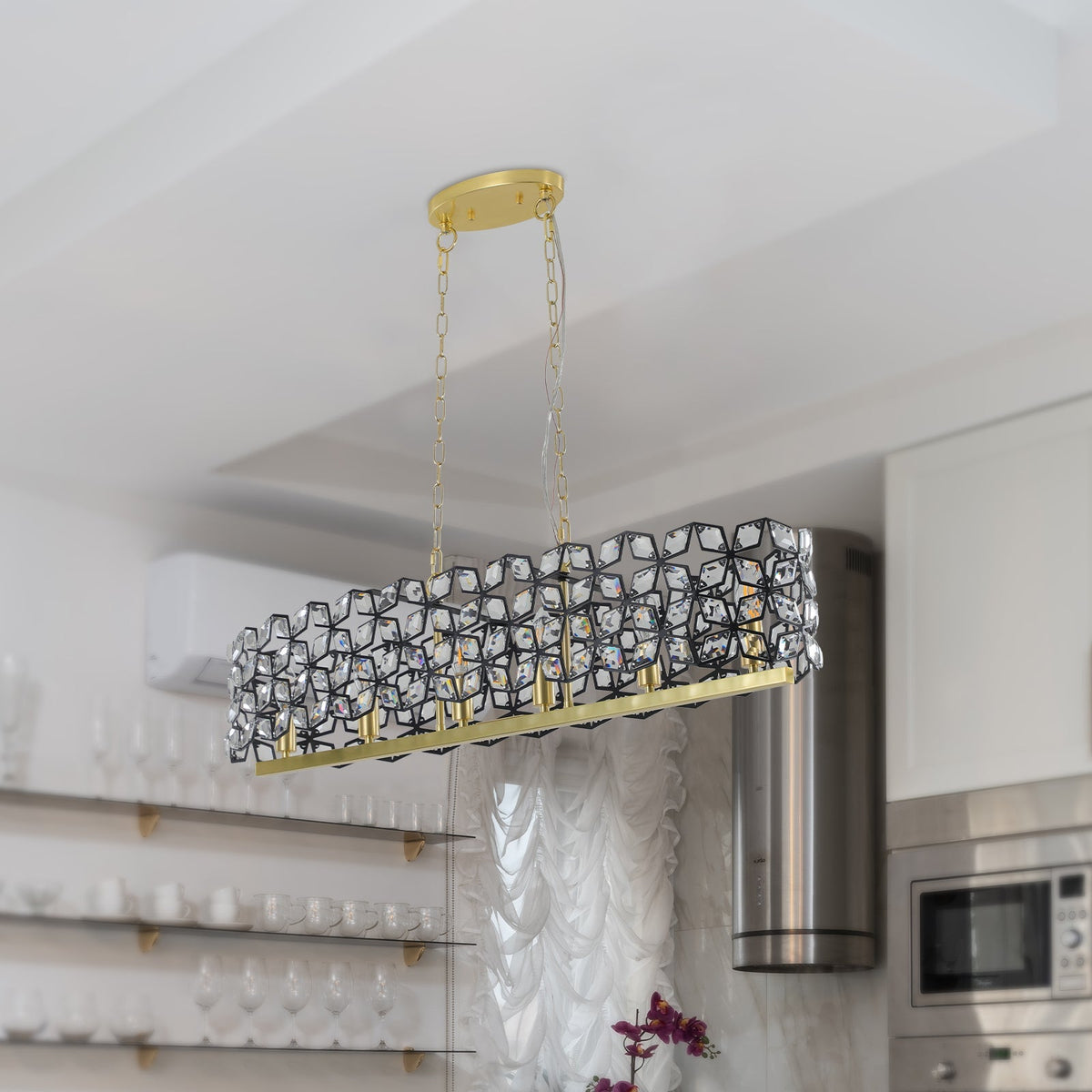 39" Contemporary K9 Crystal Linear Pendant Chandelier, Black and Gold – view 8