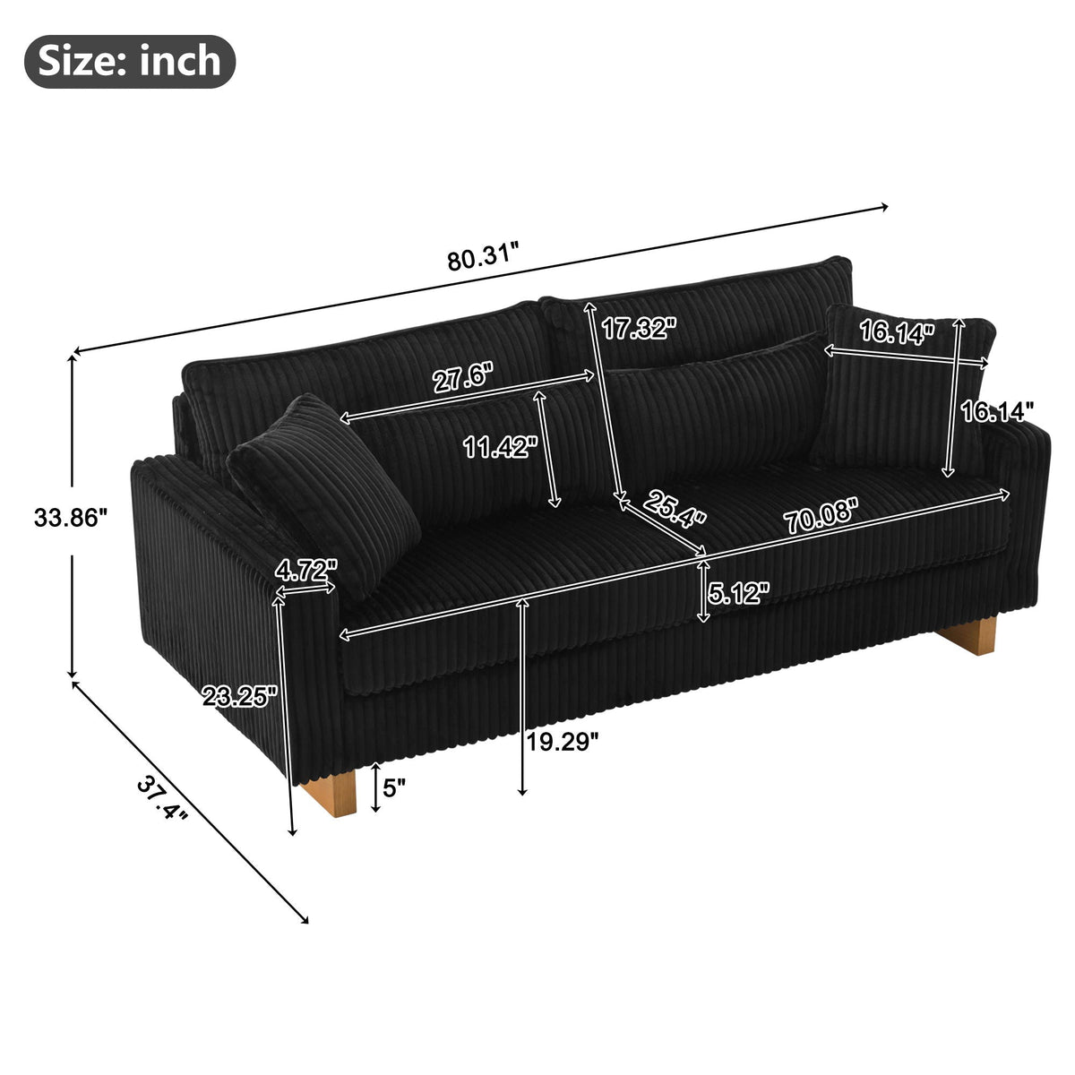 Modern Fabric Loveseat Sofa with 4 Pillows in Beige, Black or Dark Gray – view 11