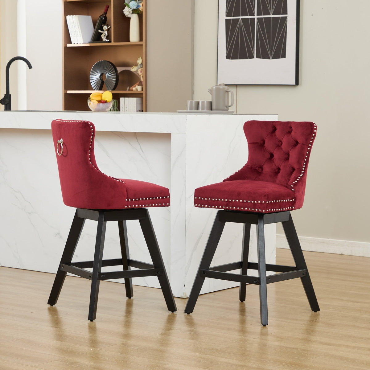 Wine Red Velvet Swivel Bar Stools with Button Tufting, Set of 2 – view 17