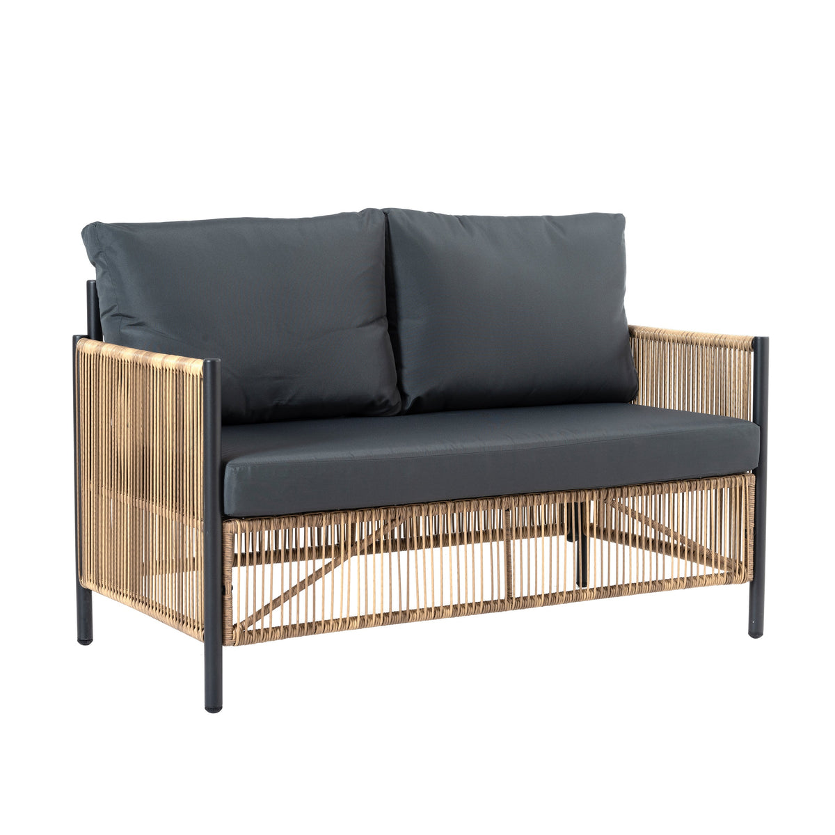 Outdoor PE Wicker 2-Seater Sofa Set with Glass Table, Grey Cushions – view 3