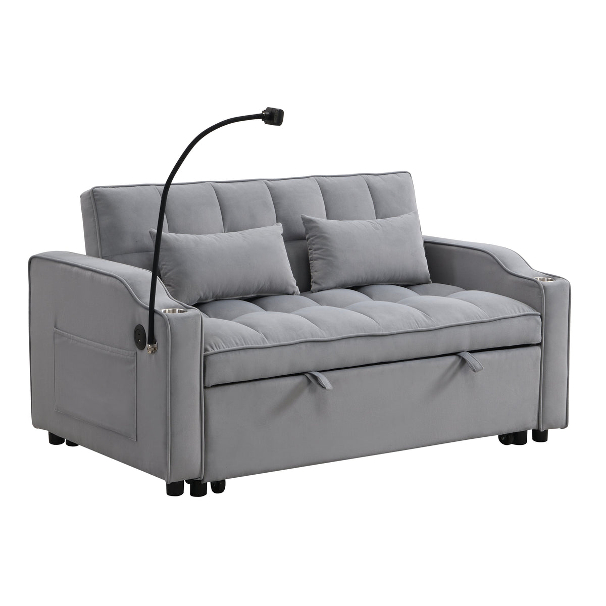 Light Gray Velvet Sleeper Loveseat with Pullout Bed and USB Ports – view 4