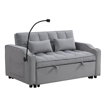 Light Gray Velvet Sleeper Loveseat with Pullout Bed and USB Ports – view 4