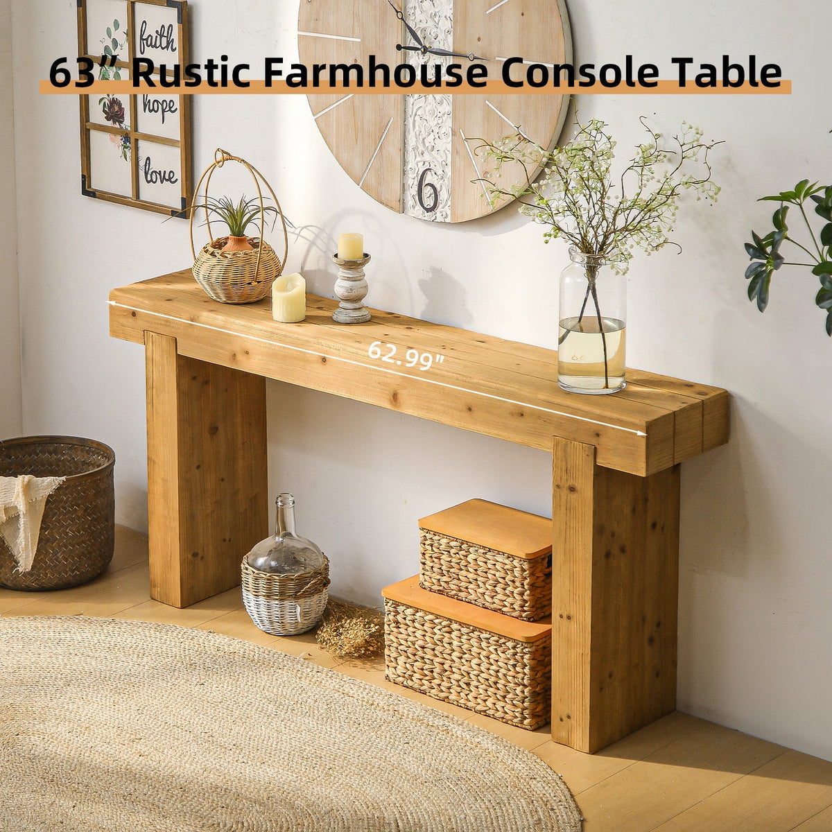 63" Solid Wood Rustic Farmhouse Console Table, Natural Wood – view 3