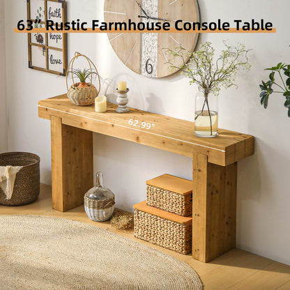 63" Solid Wood Rustic Farmhouse Console Table, Natural Wood – view 3