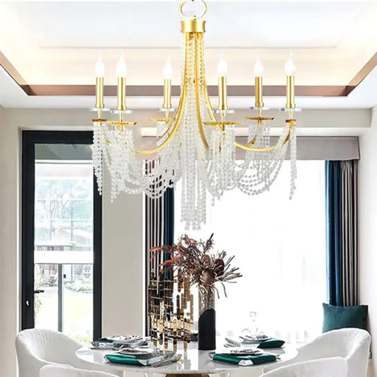 Gold frame classic candle-style LED chandelier in a traditional dining room