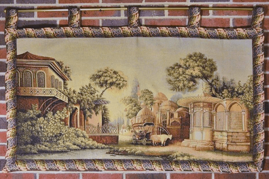 Middle Eastern Landscape Tapestry Wall Hanging with Floral Border – view 3