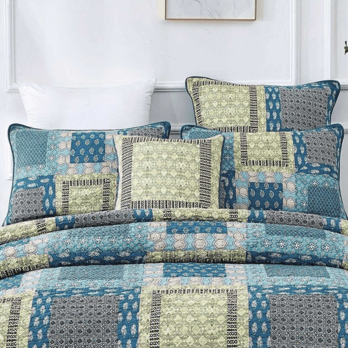 Bohemian Ocean Teal Blue Green Cotton Patchwork Pillow Sham – view 4