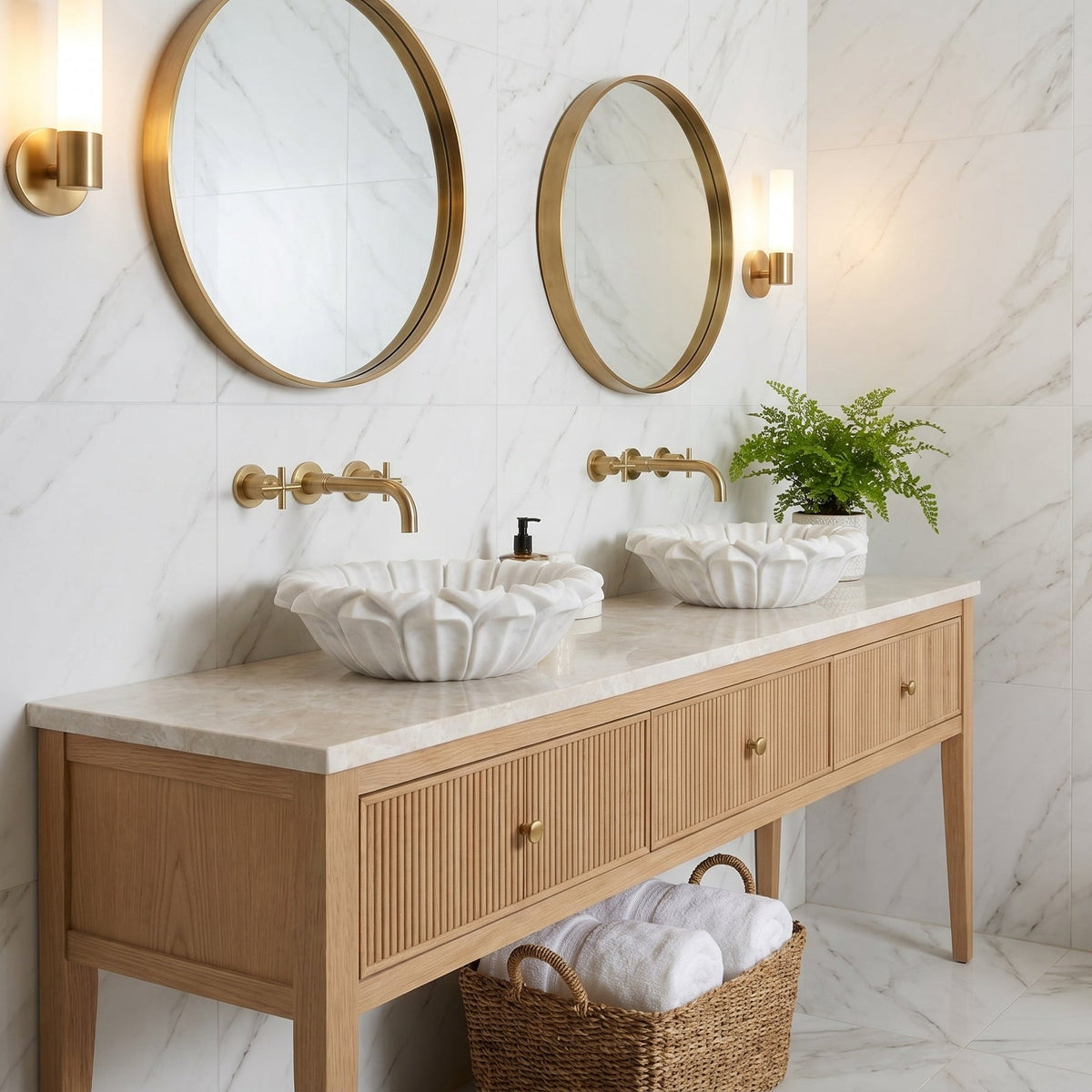 Carrara White Marble Flower Shape Polished Sink, 18-inch Diameter