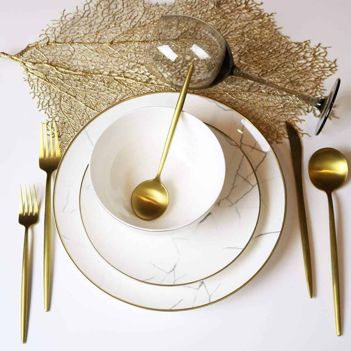 Carrara Marble Fine Bone China Dinnerware Set with Gold Rim, 16 Piece – view 10