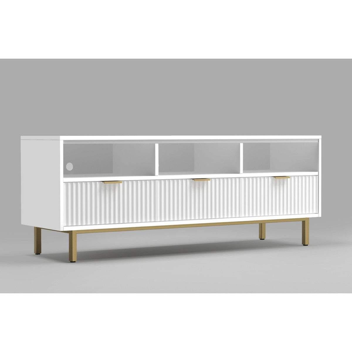Casey TV Console with Textured Drawers and Gold Accents – view 3