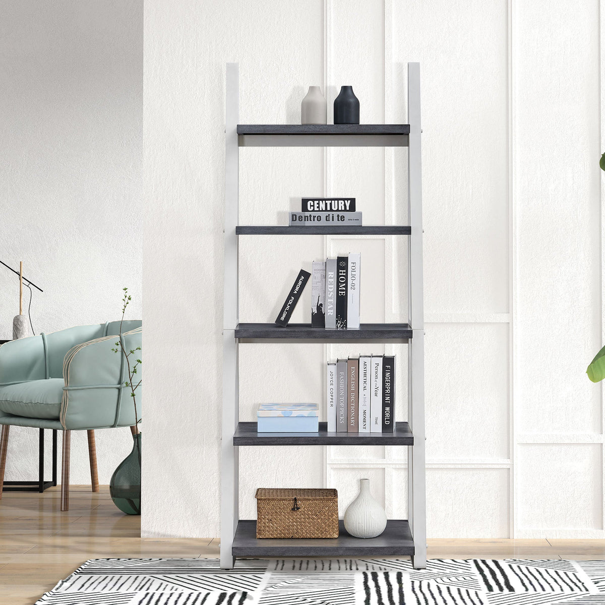 5-Tier Ladder Shelf with Rubber Wood Frame in Grey and White – view 4