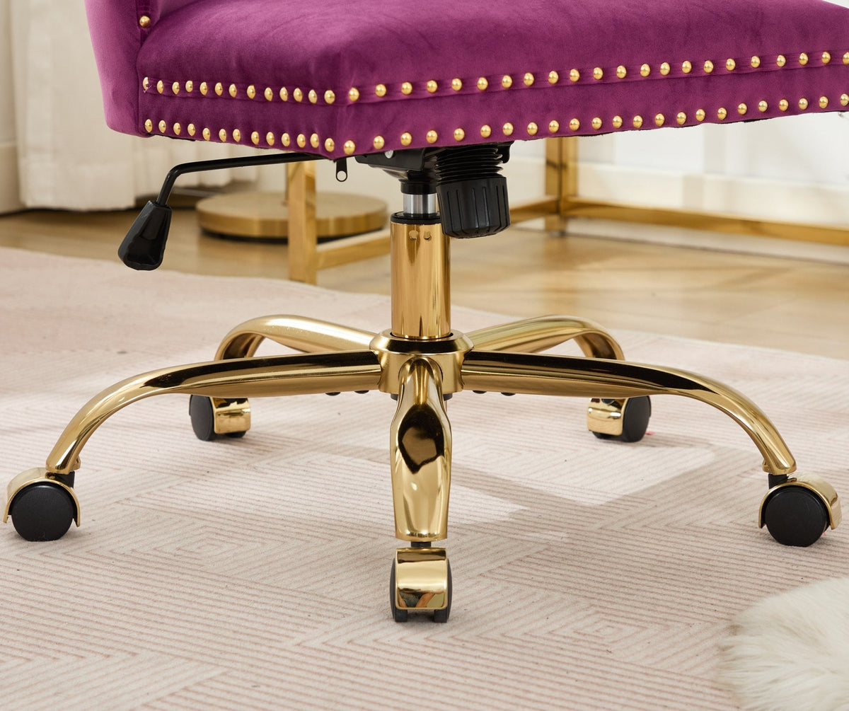 Purple Velvet Tufted Office Chair with Gold Accents and Nailhead Trim – view 13