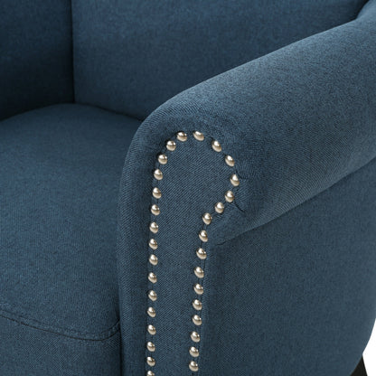 Navy Blue Fabric Club Chair with Nailhead Trim and Birch Wood Legs – view 11