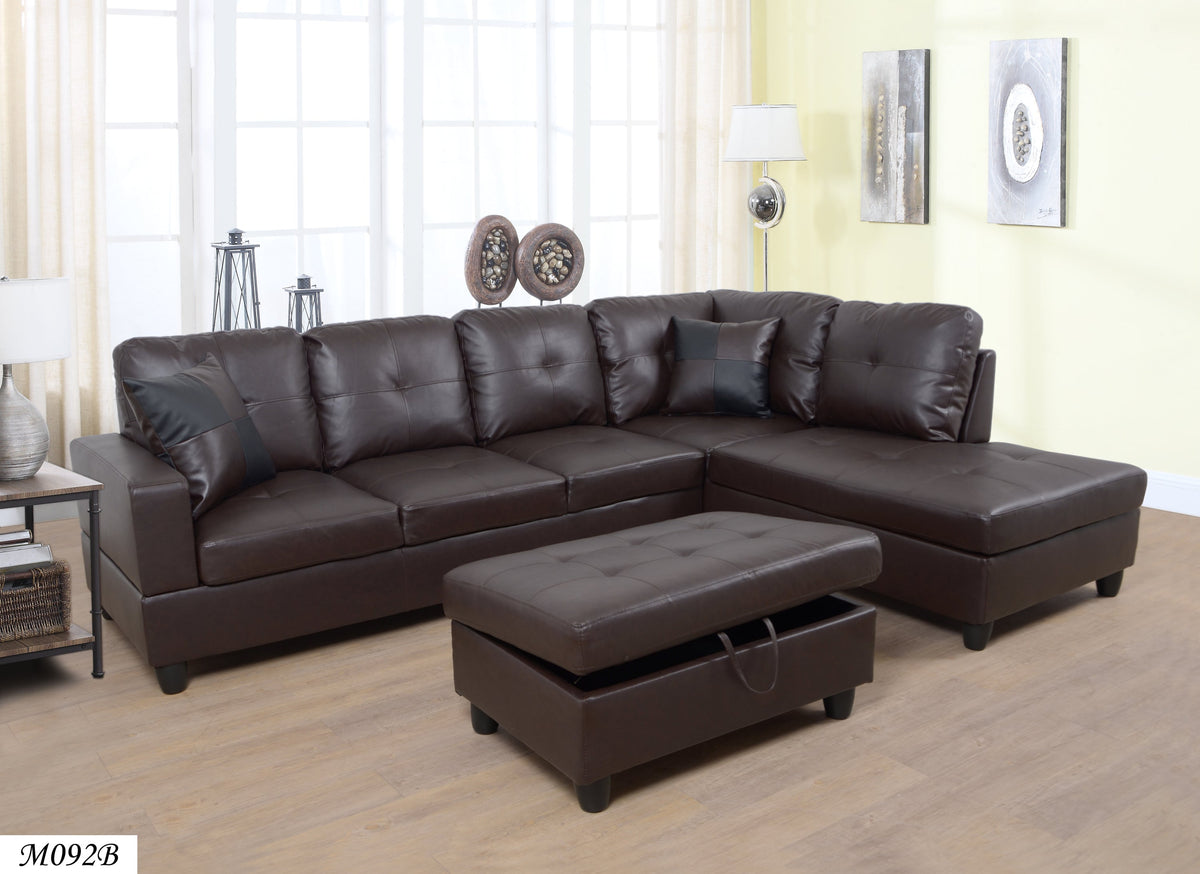 Brown faux leather 3-piece sectional sofa with left-facing chaise and ottoman in a family living room
