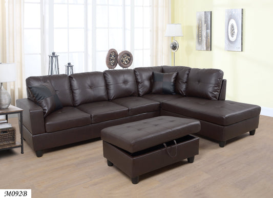 Brown faux leather 3-piece sectional sofa with left-facing chaise and ottoman in a family living room
