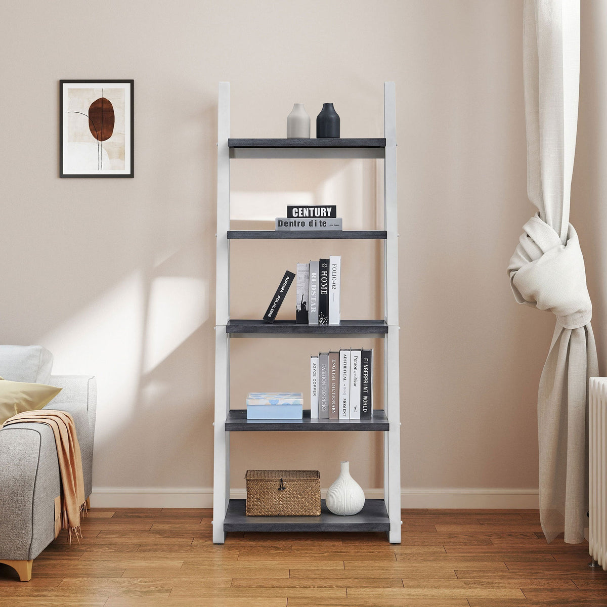 5-Tier Ladder Shelf with Rubber Wood Frame in Grey and White – view 6
