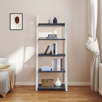 5-Tier Ladder Shelf with Rubber Wood Frame in Grey and White – view 6