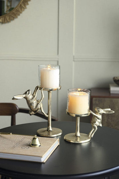 Gold Rabbit Pillar Candle Holder with Clear Glass Hurricane, Small – view 7