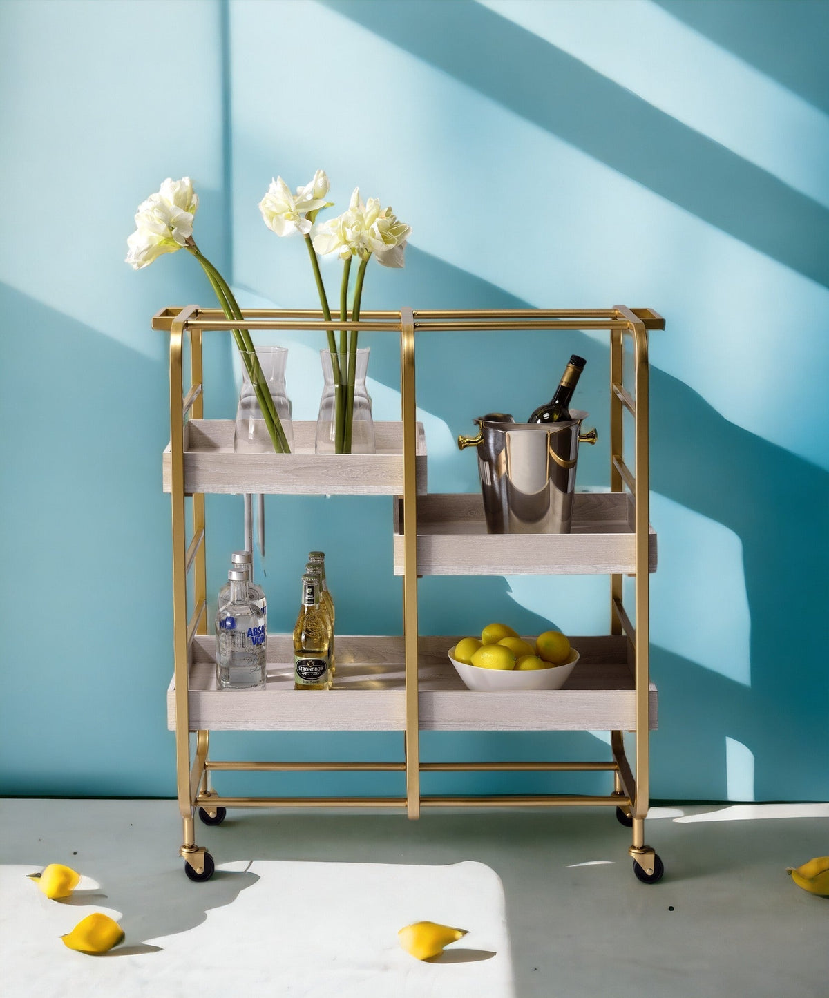 Vorrik Gold and White Washed Serving Cart with Removable Wooden Trays – view 3