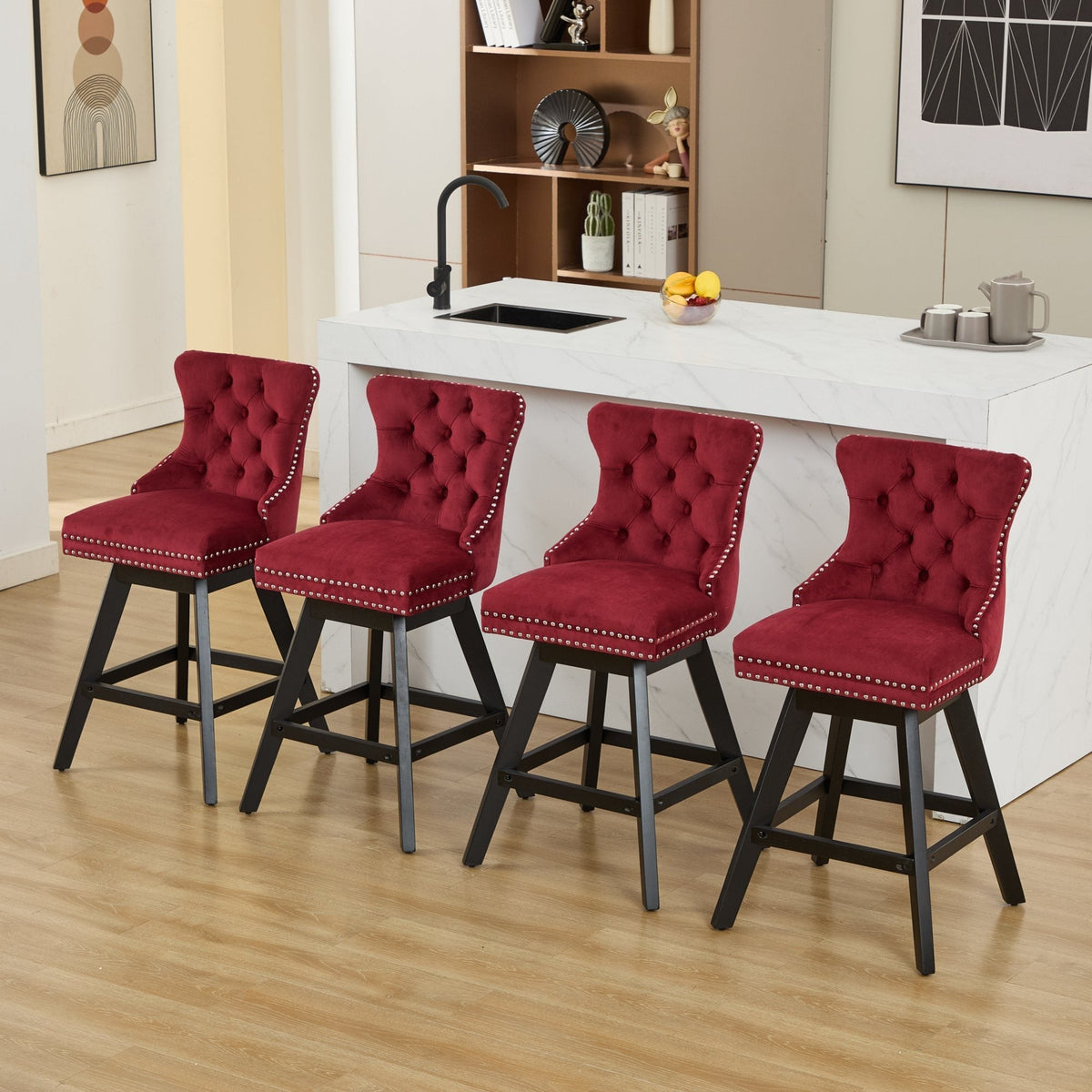 Wine Red Velvet Swivel Bar Stools with Button Tufting, Set of 2 – view 22