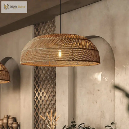 Chinoiserie Handmade Flat Rattan Pendant Light for Dining Room – view 3