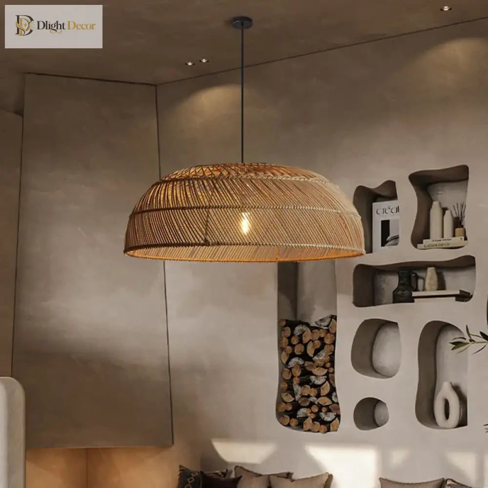 Chinoiserie Handmade Flat Rattan Pendant Light for Dining Room – view 5