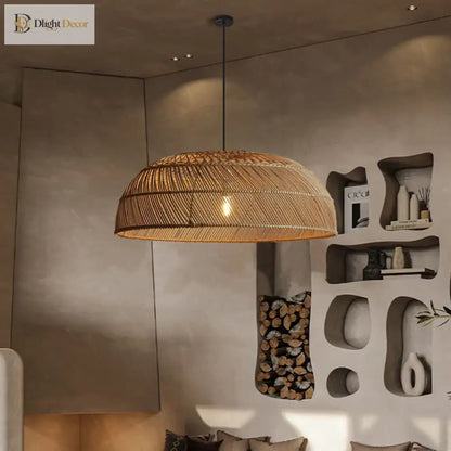 Chinoiserie Handmade Flat Rattan Pendant Light for Dining Room – view 5