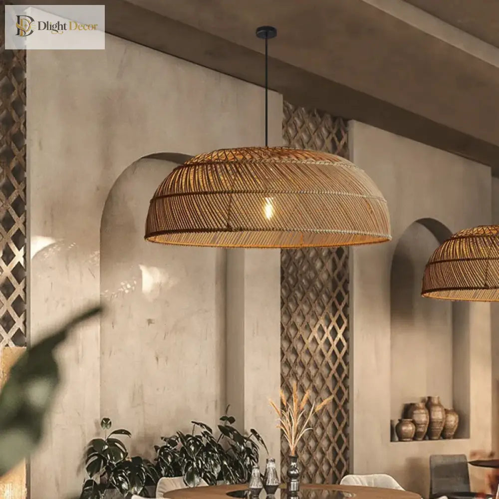 Chinoiserie Handmade Flat Rattan Pendant Light for Dining Room – view 4