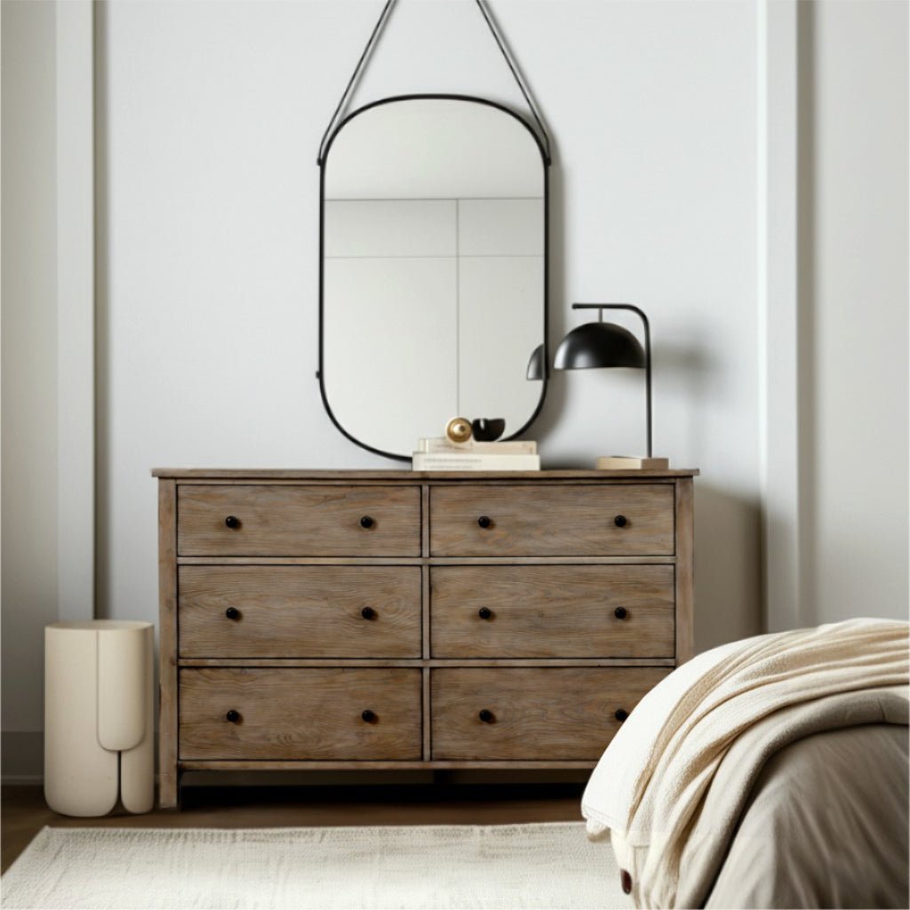 Natural Gray Pine Wood Classic Dresser with Six Drawers