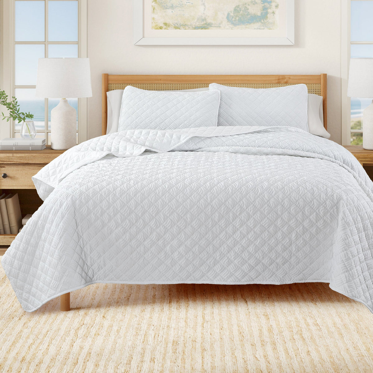White Embossed Diamond Quilt Set for Modern Bedrooms