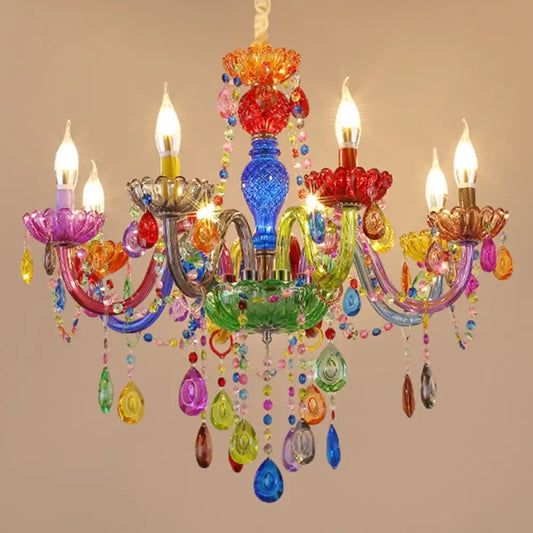 Colorful multi-color crystal chandelier with six heads in a bright dining room