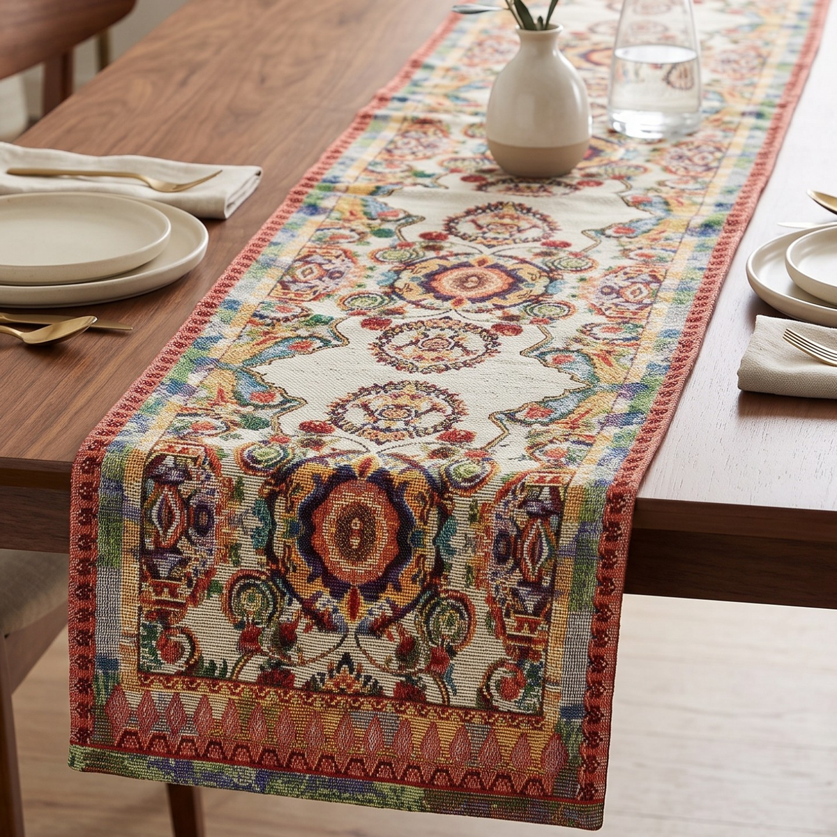 Ivory paisley woven tapestry table runner with multi-color medallion on a dining table