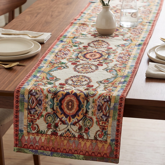 Ivory paisley woven tapestry table runner with multi-color medallion on a dining table